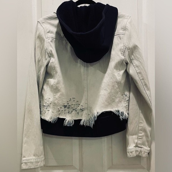 RARE Free People Double Weave Denim‎ Jacket Hoodie Distressed Layered Boho Small - Picture 6 of 9